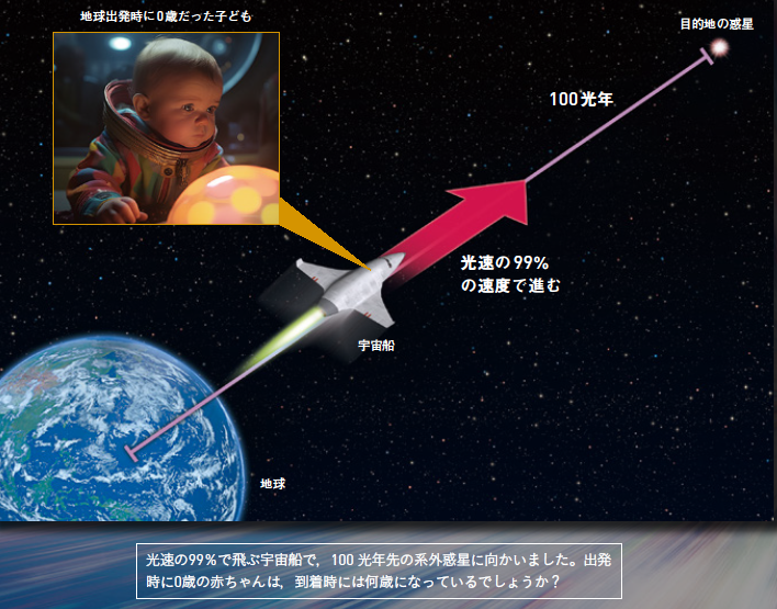 【Q14】赤ちゃんを乗せた宇宙船が100光年先の惑星へ。何歳で到着する？