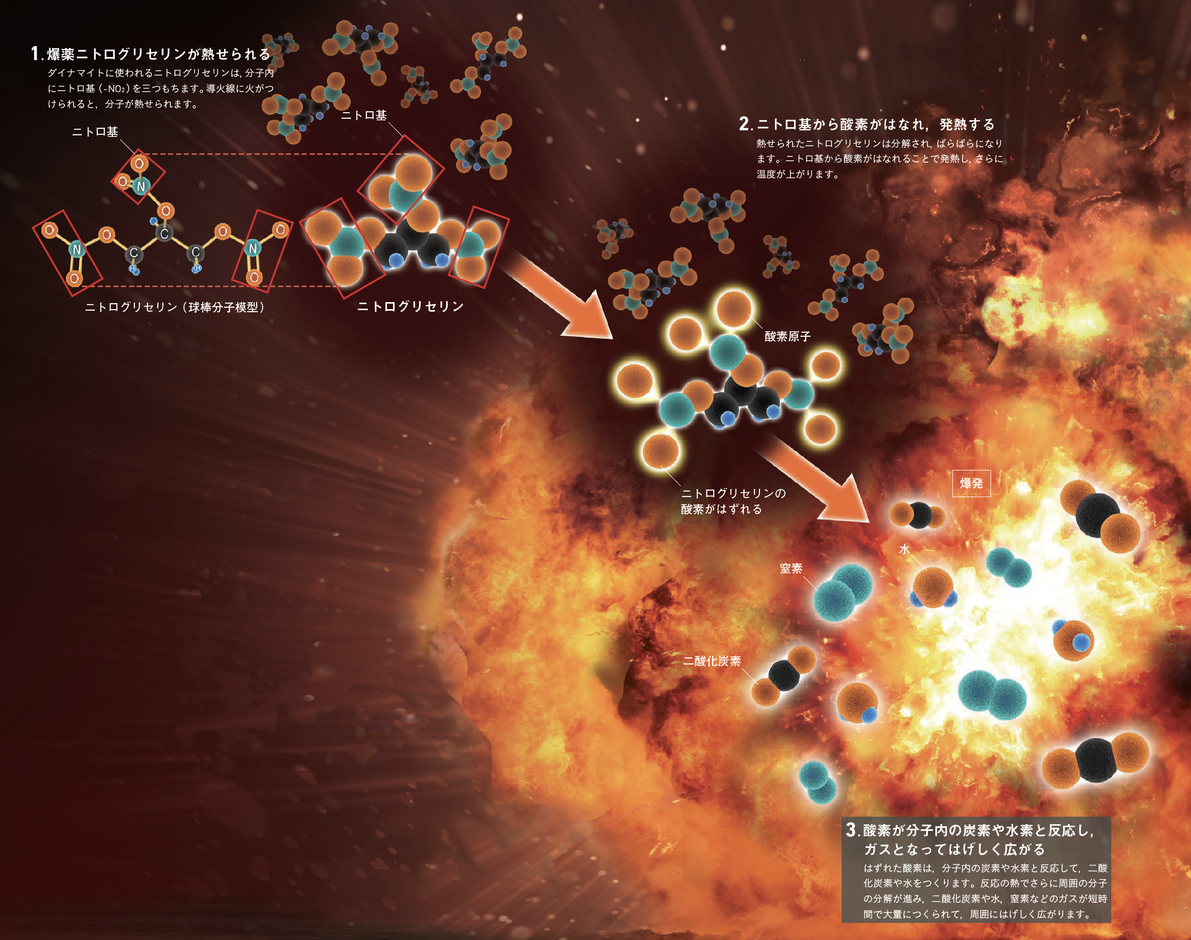 【爆発的な燃焼】すべての爆薬はみずから酸素をもつ。その酸素を消費し，爆発的な燃焼を生む